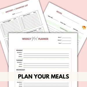 Puede incluir: Un planificador de comidas semanal imprimible con una lista de compras y una plantilla de receta. El planificador incluye secciones para el desayuno, el almuerzo y la cena para cada d&iacute;a de la semana. La plantilla de receta incluye secciones para el tiempo de preparaci&oacute;n, el tiempo de cocci&oacute;n, los ingredientes y las porciones.