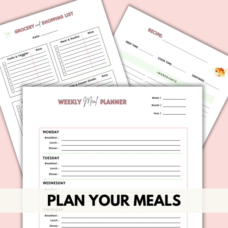 Puede incluir: Un planificador de comidas semanal imprimible con una lista de compras y una plantilla de receta. El planificador incluye secciones para el desayuno, el almuerzo y la cena para cada d&iacute;a de la semana. La plantilla de receta incluye secciones para el tiempo de preparaci&oacute;n, el tiempo de cocci&oacute;n, los ingredientes y las porciones.