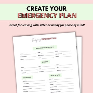 Puede incluir: Una hoja de informaci&oacute;n m&eacute;dica y de contacto de emergencia imprimible con secciones para contactos de emergencia, ni&ntilde;os, informaci&oacute;n de la casa e informaci&oacute;n m&eacute;dica. La hoja tiene un fondo verde claro con un encabezado rosa que dice "Crea tu plan de emergencia".