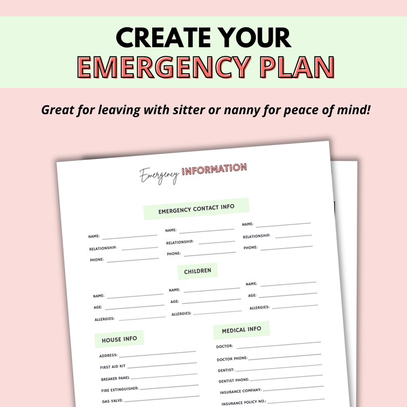 Puede incluir: Una hoja de informaci&oacute;n m&eacute;dica y de contacto de emergencia imprimible con secciones para contactos de emergencia, ni&ntilde;os, informaci&oacute;n de la casa e informaci&oacute;n m&eacute;dica. La hoja tiene un fondo verde claro con un encabezado rosa que dice "Crea tu plan de emergencia".