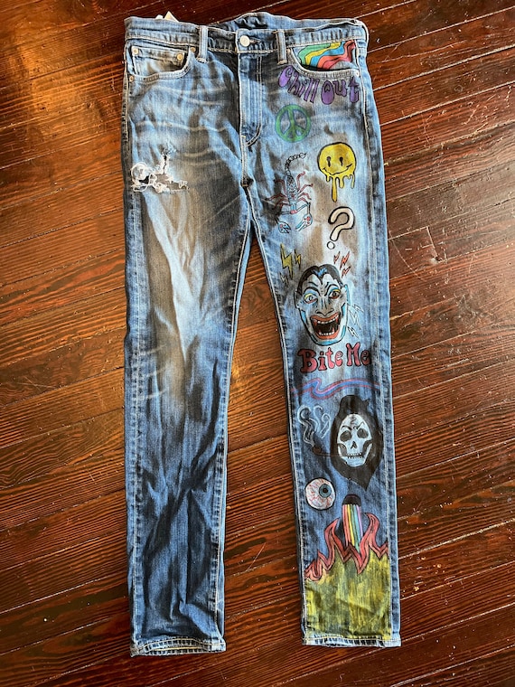 Hand Painted Denim Jeans - Etsy