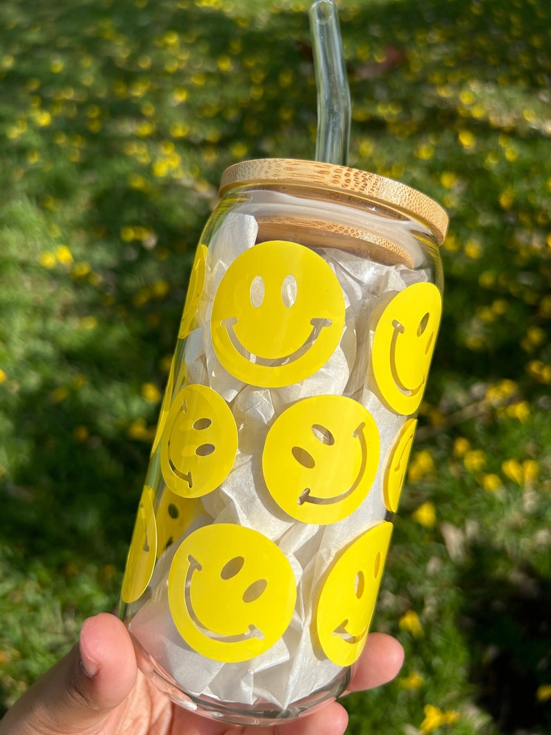 Smiley Face Glass Cup Yellow Peach Lavender Colors Etsy