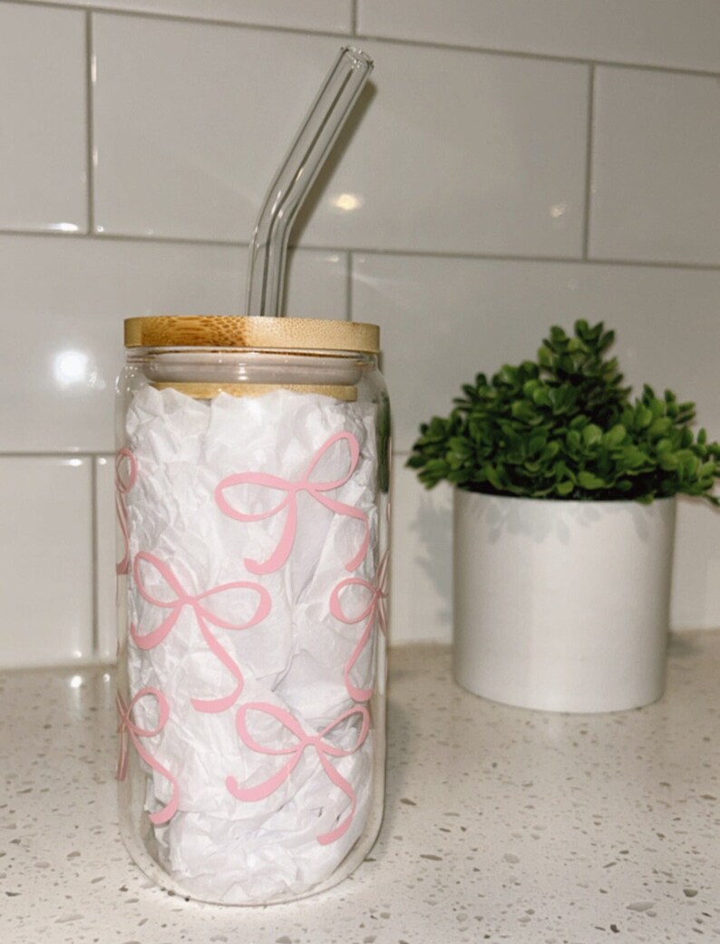 Pink Bows | Glass Cup | Bamboo Lid & Glass Straw Included - Etsy