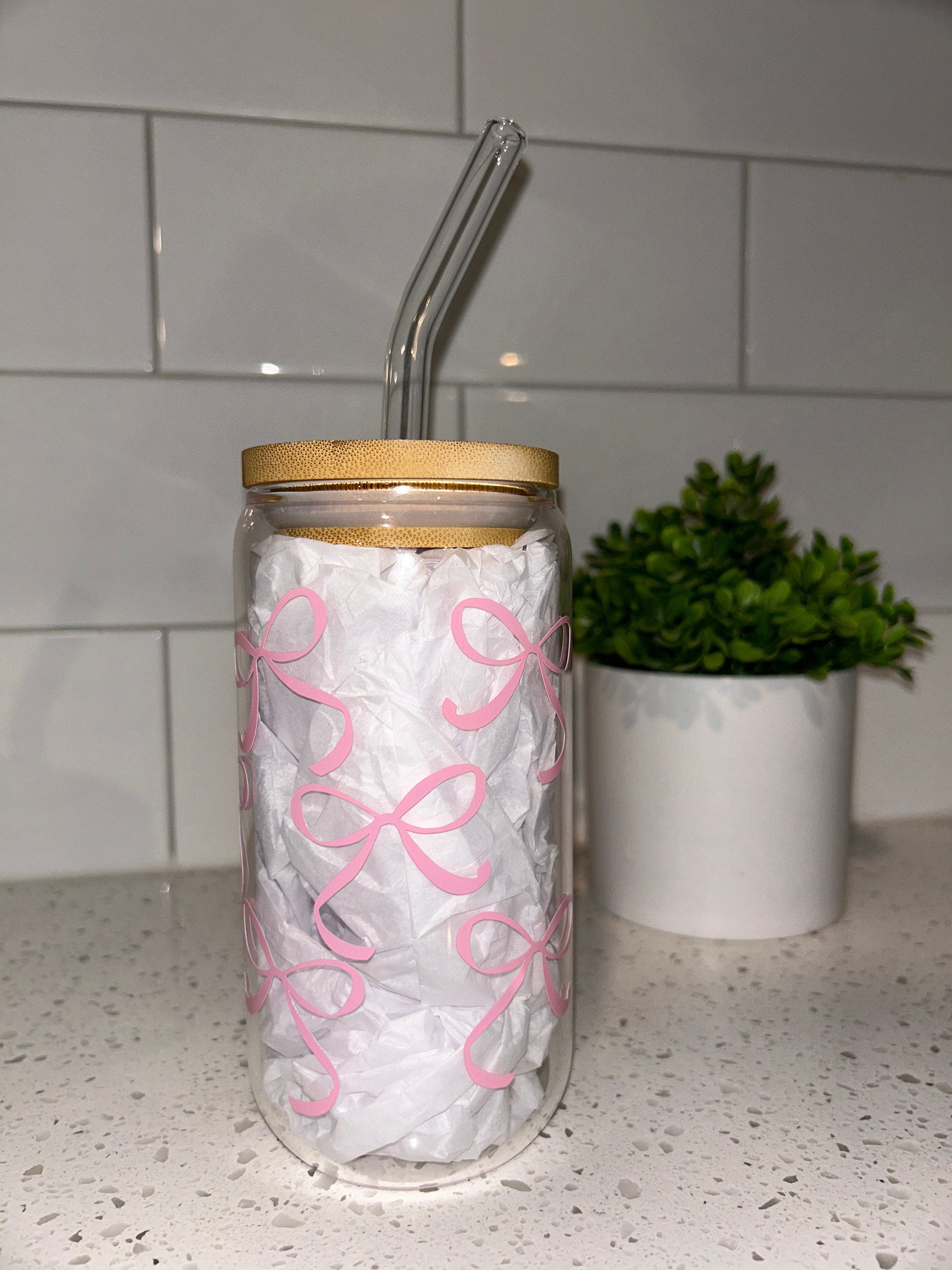 Pink Bows | Glass Cup | Bamboo Lid & Glass Straw Included - Etsy