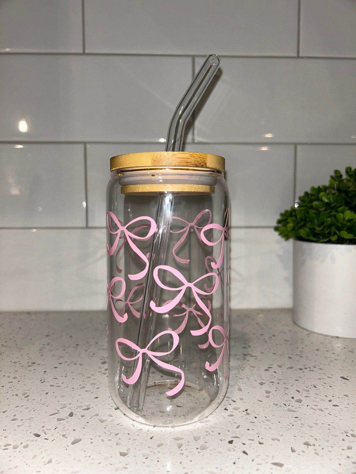 Pink Bows | Glass Cup | Bamboo Lid & Glass Straw Included - Etsy