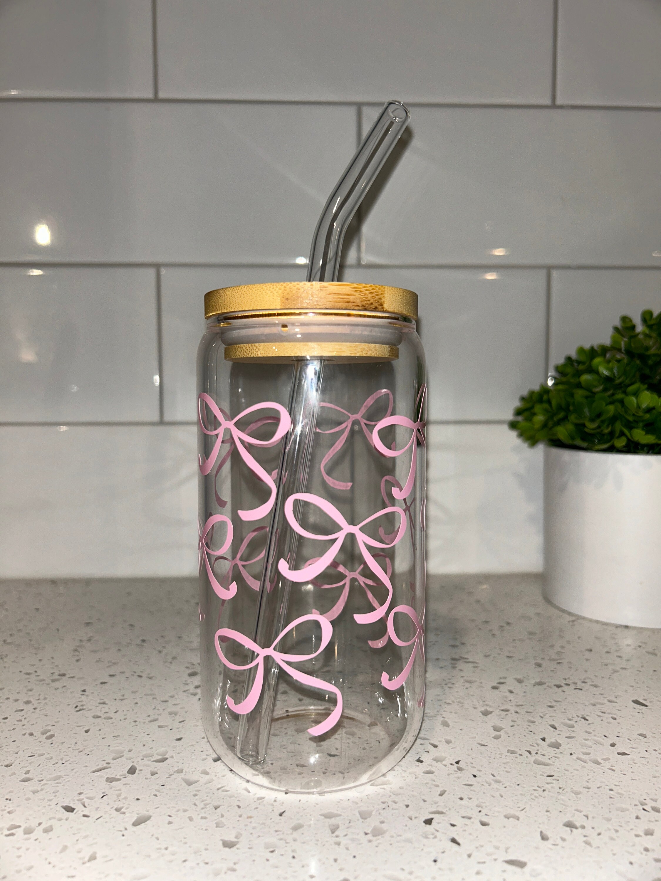 Pink Bows | Glass Cup | Bamboo Lid & Glass Straw Included - Etsy