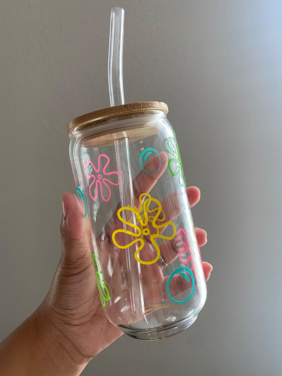 Spongebob Flowers Glass Cup Bamboo Lid & Glass Straw Etsy