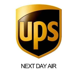 May include: The UPS logo features a gold shield shape with the letters "ups" in gold against a black background. Below the logo, the text "NEXT DAY AIR" is displayed in black.
