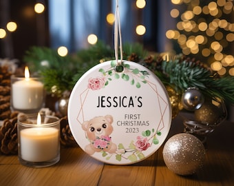Personalized First Christmas Ornament Gift For Baby Girl, Christmas Rose Ornament, Christmas Leafy Ornament,Christmas Baby Gift.