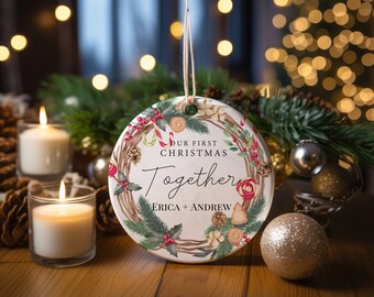 Personalized our First Christmas Together Ornament, Christmas Rose Ornament, Christmas 2023 Ornament Gift For Wife,Christmas Leafy Ornament.