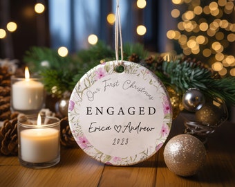 Personalized our First Christmas Engaged Ornament, Christmas Leafy Ornament, Christmas 2023 Ornament Gift For Wife, Christmas Gift.