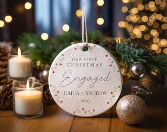 Personalized our First Christmas Engaged Ornament, Christmas Leafy Ornament, Christmas 2023 Ornament Gift For Wife, Christmas Gift.