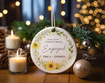 Personalized our First Christmas Engaged Ornament, Christmas Leafy Ornament, Christmas Sunflower Ornament Gift For Wife, Christmas Gift.