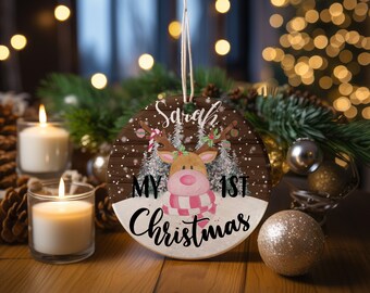 Personalized First Christmas Ornament Gift For Baby Girl, Christmas Baby gift, Christmas Reindeer Ornament, Round Ornament.