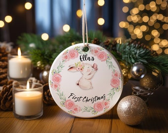 Personalized First Christmas Ornament Gift For Baby Girl,Christmas Rose Ornament,Baby's First Christmas round Ornament,Christmas Baby Gift.