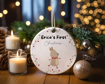 Personalized First Christmas Round Ornament Gift For Baby Girl,Christmas Reindeer Ornament,Christmas Baby Gift.