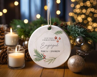 Personalized our First Christmas Engaged Ornament, Christmas Leafy Ornament, Christmas 2023 Ornament Gift For Wife, Christmas Gift.