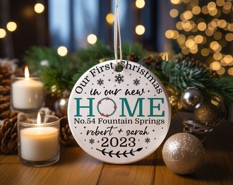 Personalized Our First Christmas in our new Home Gift for Wife, Christmas Leafy Ornament, Christmas 2023 Ornament, Round Ornament.