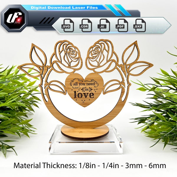 Two Roses with Center Heart Pop Up/ 12 different preset messages to engrave or add your own- SVG - AI - Cdr- Pdf- Dxf-Eps Laser cut file
