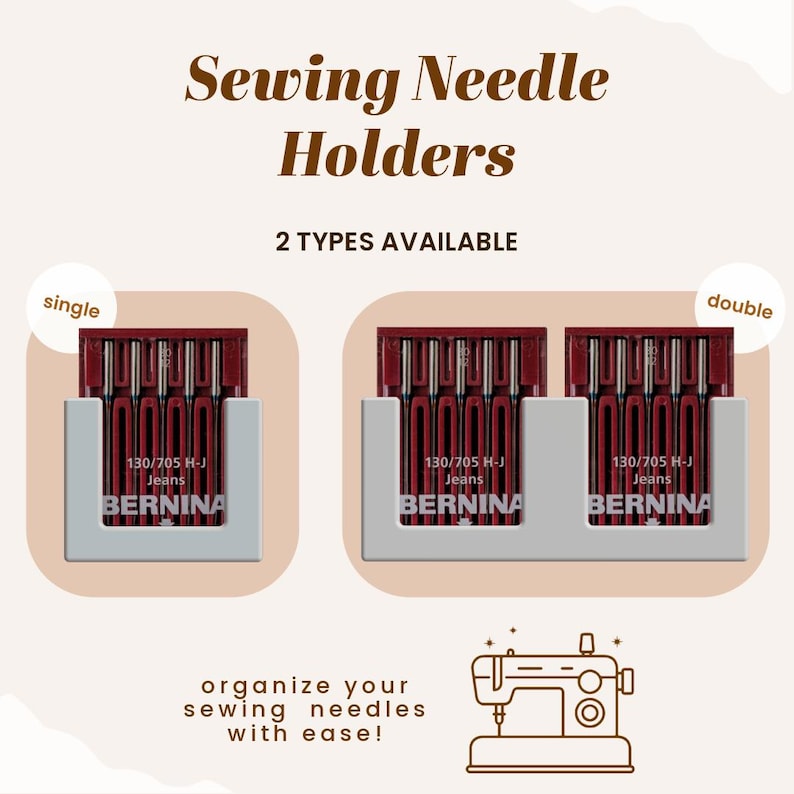 May include: Two types of sewing needle holders, one single and one double, with the text "130/705 H-J Jeans BERNINA" on each. The holders are white with red and silver needles.