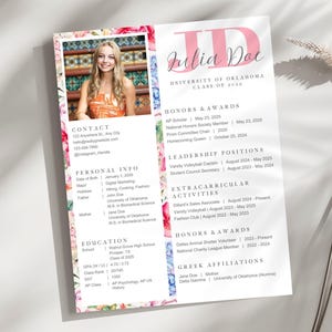 May include: A resume template with a photo of a woman, floral border, and text. The text includes contact information, personal info, education, honors, leadership positions, extracurricular activities, and Greek affiliations. The University of Oklahoma is mentioned.