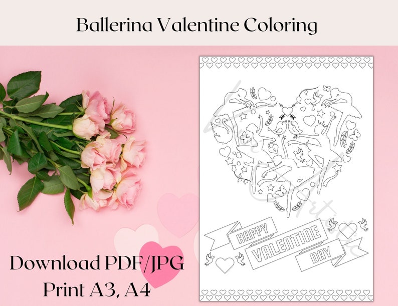 Ballerina Valentine Coloring Page: Heart Design (PDF/JPG) - Etsy