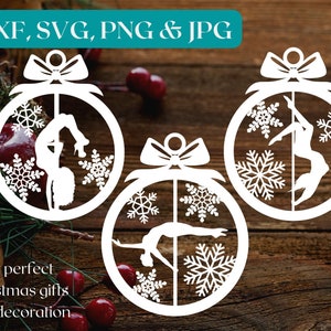 May include: Three white Christmas ornaments with a bow and snowflake design. Each ornament features a silhouette of a person pole dancing. The text "DXF, SVG, PNG & JPG" is at the top, and "Your perfect Christmas gifts and decoration" is at the bottom.