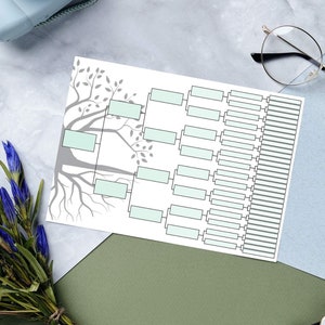 K&ouml;nnte beinhalten: Ein druckbarer Stammbaum mit einer grauen Baumillustration und leeren Feldern f&uuml;r Namen. Der Stammbaum liegt auf einer grauen Oberfl&auml;che mit einem Strau&szlig; blauer Blumen und einer Brille.