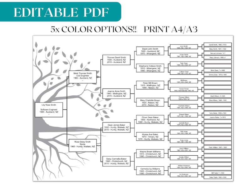 K&ouml;nnte beinhalten: Eine schwarz-wei&szlig;e druckbare Familienstammbaumvorlage mit einem Baumstamm und &Auml;sten. Die Vorlage enth&auml;lt Platz f&uuml;r Namen, Daten und Orte. Der Text "EDITABLE PDF" und "5x COLOR OPTIONS!! PRINT A4/A3" befindet sich oben auf der Seite.
