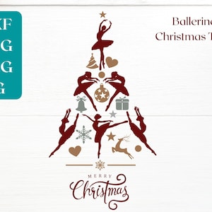 May include: A digital design of a Christmas tree formed by burgundy ballerina silhouettes. The design incorporates festive elements such as stars, hearts, and a reindeer. The words "Merry Christmas" are at the base, with file type options.