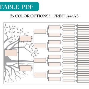 K&ouml;nnte beinhalten: Druckbarer Stammbaum mit einem stilisierten Baumdesign in Grau auf wei&szlig;em Hintergrund. Die Tabelle bietet 5 Farboptionen und ist in den Gr&ouml;&szlig;en A4/A3 druckbar. Die Tabelle enth&auml;lt 35 leere Felder f&uuml;r Namen.