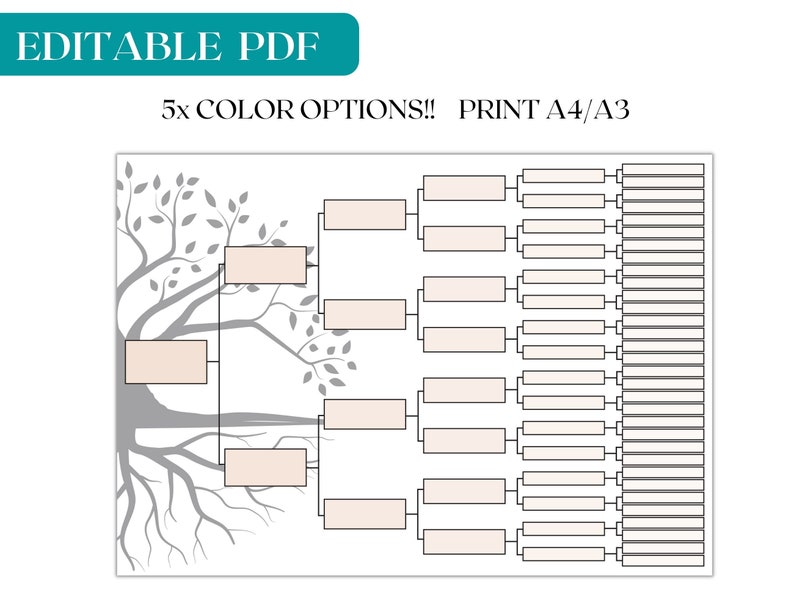K&ouml;nnte beinhalten: Druckbarer Stammbaum mit einem stilisierten Baumdesign in Grau auf wei&szlig;em Hintergrund. Die Tabelle bietet 5 Farboptionen und ist in den Gr&ouml;&szlig;en A4/A3 druckbar. Die Tabelle enth&auml;lt 35 leere Felder f&uuml;r Namen.
