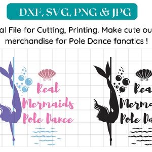 Könnte beinhalten: Ein digitales Design mit einer Meerjungfrau-Silhouette, die eine Stange hält, mit dem Text "Real Mermaids Pole Dance" und einer Muschel. Das Design ist in Schwarzweiß und Lila und Rosa erhältlich.