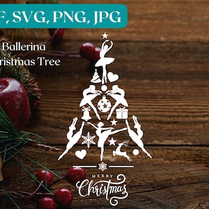 May include: White silhouette of a Christmas tree made of ballerina figures, ornaments, and stars. The text "Merry Christmas" is at the bottom of the tree. The image is on a wood background.