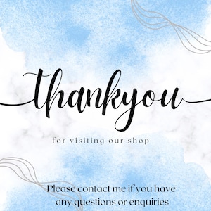 K&ouml;nnte beinhalten: Eine Dankesbotschaft mit einem blauen Aquarellhintergrund und grauen Linien. Der Text lautet "thankyou for visiting our shop. Please contact me if you have any questions or enquiries."