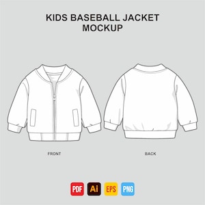 May include: A white baseball jacket mockup for kids, showing the front and back views. The jacket has a zip closure, a ribbed collar, and two pockets on the front.