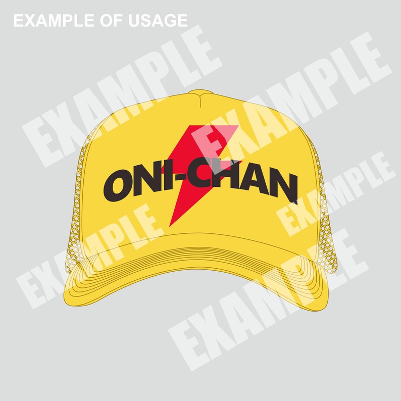 May include: Yellow trucker hat with a black and red lightning bolt graphic and the text "ONI-CHAN" in black.