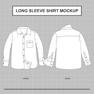 May include: A line drawing of a long-sleeved shirt mockup. The front and back views of the shirt are shown. The shirt has a button-down collar, a pocket on the left side, and button cuffs.