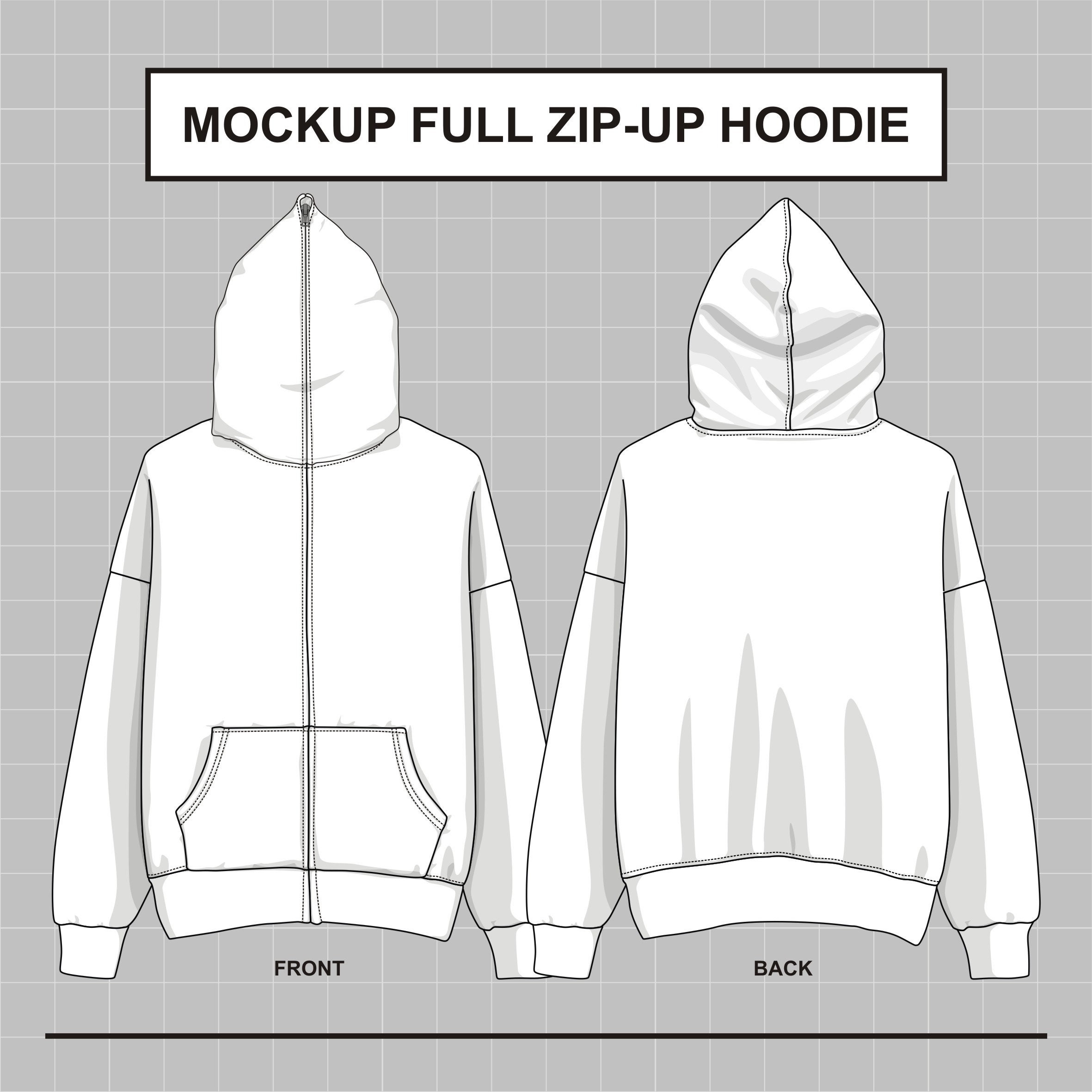 Vector Mockup Full Zip Up Hoodie Over Face Illustrator, EPS, PDF, and PNG