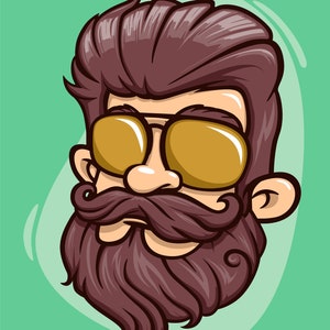 May include: Cartoon illustration of a man's face with a brown beard, mustache, and hair. He is wearing yellow sunglasses.
