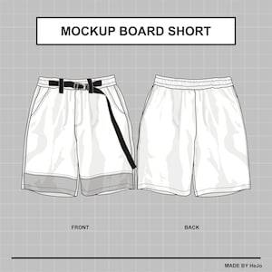 May include: A white mockup board short with a black belt and a front and back view. The text "MOCKUP BOARD SHORT" is at the top of the image. The text "FRONT" is below the front view of the short and the text "BACK" is below the back view of the short. The text "MADE BY HeJo" is at the bottom of the image.