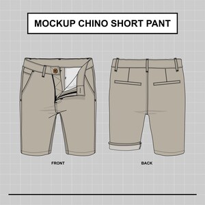 Op de afbeelding: Een mockup van een beige chino short met een voor- en achterkant. De voorkant laat de open vliegen zien en de achterkant laat de achterzakken zien.