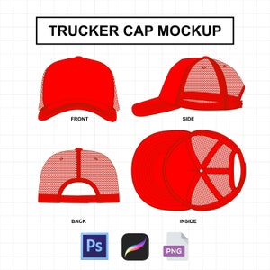 Puede incluir: Una maqueta de gorra de camionero roja que muestra las vistas frontal, lateral, posterior e interior de la gorra. La gorra tiene una parte trasera de malla y una parte delantera sólida.