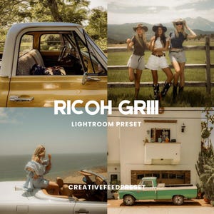 May include: A digital image collage featuring the text RICOH GRIII LIGHTROOM PRESET CREATIVEFEEDPRESET. The collage displays a yellow vintage truck, three individuals in cowboy hats and western attire, a person in a light blue dress in a convertible, and a green vintage truck parked in front of a white building.