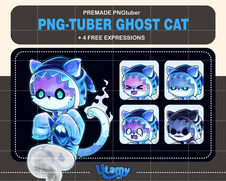 May include: A blue and purple ghost cat with a white outline. The cat is wearing a blue hooded sweatshirt and has a white ghost tail. The image includes the text "PNG-TUBER GHOST CAT + 4 FREE EXPRESSIONS".