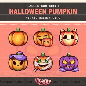 May include: Set of six Halloween pumpkin badges featuring different expressions and designs, including a pumpkin with a witch's hat, a mummy pumpkin, and a cat pumpkin. The badges are available in three sizes: 18x18, 36x36, and 72x72.