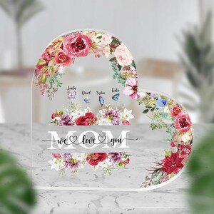 Coração de acrílico com flores, placa de acrílico personalizada com coração para mãe, presente de dia das mães de filha ou filho, presente de aniversário para mãe, presente de carta para mãe