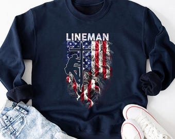 Camisa de liniero / Camiseta de liniero / Regalo de liniero / Sudadera con capucha de liniero / Camisa cristiana patriótica con la cruz de Jesús y la bandera estadounidense