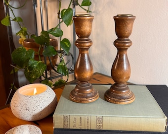 Vintage Turned Wood English Chestnut Stain w/ Brass Insert Candlestick Pair