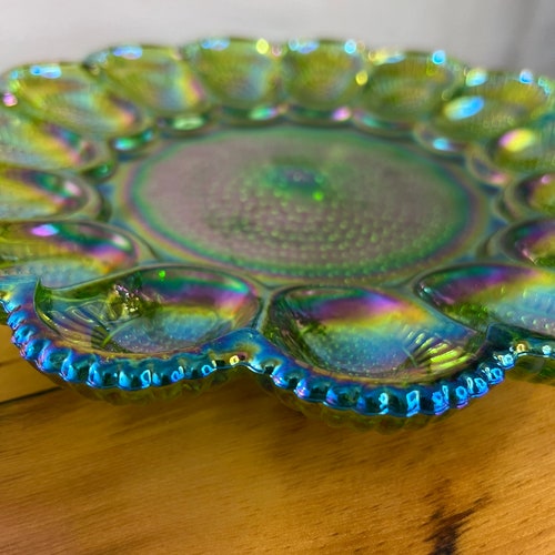 Indiana glass carnival hobnail iridescent bright green deviled egg plate. 11.5” / 15 Egg Tray store